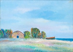 Giovanni Omiccioli : Litorale con casale  - Asta  Arte moderna e contemporanea: XIX, XX, XXI secolo. Con una sezione dedicata alla ceramica del 900 - Associazione Nazionale - Case d'Asta italiane