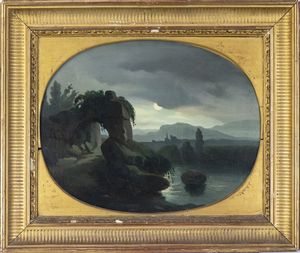 ARTISTA DEL XIX SECOLO : Paesaggio notturno con plenilunio  - Asta Asta 493 | ARTE ANTICA E DEL XIX SECOLO - Dipinti e sculture del XIX secolo Tradizionale - Associazione Nazionale - Case d'Asta italiane