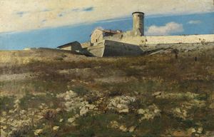 SOLDINI ARNALDO (1862 - 1936) - Il castello di Brescia con la torre Mirabella