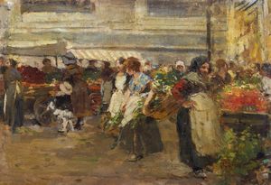 CAGNONI AMERINO (1853 - 1923) - Il mercato in Piazza della Rosa a Milano