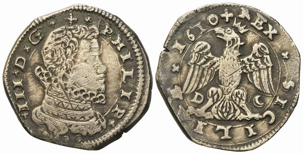 Messina. Regno di Sicilia. Filippo III di Spagna (1598-1621). 4 tarÃ¬ 1610, sigle D C. Ag (10,28 g; 30 mm)  - Asta Monete e medaglie medievali e moderne italiane ed estere - Associazione Nazionale - Case d'Asta italiane