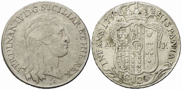 NAPOLI. Regno di Napoli. Ferdinando IV di Borbone (1759-1799 I periodo). Piastra da 120 grana 1796. Ag (27,45 g; 40,1 mm)  - Asta Monete e medaglie medievali e moderne italiane ed estere - Associazione Nazionale - Case d'Asta italiane