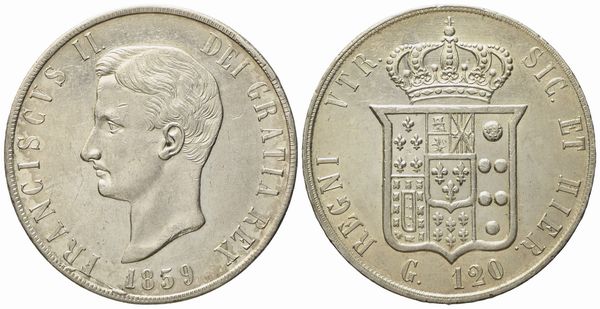 NAPOLI. Regno delle Due Sicilie. Francesco II di Borbone (1859-1860). Piastra da 120 grana 1859. Ag (27,55 g; 36,9 mm)  - Asta Monete e medaglie medievali e moderne italiane ed estere - Associazione Nazionale - Case d'Asta italiane
