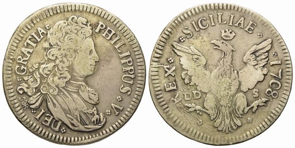 PALERMO. Regno di Sicilia. Filippo V di Borbone (1701-1713). 4 tarì 1708. Ag (10,30 g; 30,4 mm)  - Asta Monete e medaglie medievali e moderne italiane ed estere - Associazione Nazionale - Case d'Asta italiane