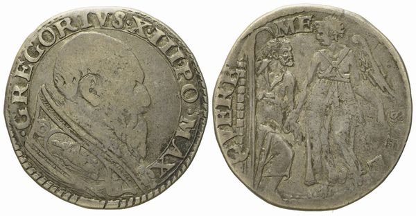 STATO PONTIFICIO. Roma. Gregorio XIII (1572 - 1585). Testone San Pietro e angelo. Ag (9,58 g; 28,2 mm)  - Asta Monete e medaglie medievali e moderne italiane ed estere - Associazione Nazionale - Case d'Asta italiane