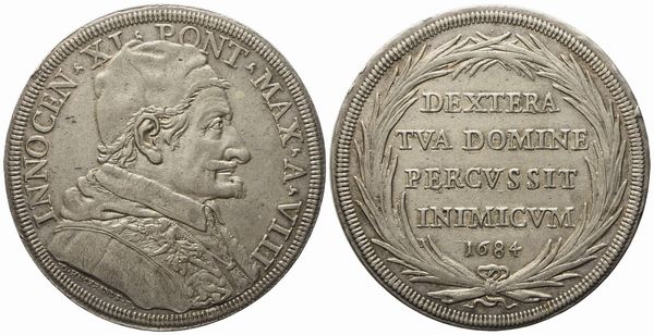 STATO PONTIFICIO. Roma. Innocenzo XI (1676-1689). Piastra 1684, anno VIII. Ag (31,84 g; 44,5 mm)  - Asta Monete e medaglie medievali e moderne italiane ed estere - Associazione Nazionale - Case d'Asta italiane