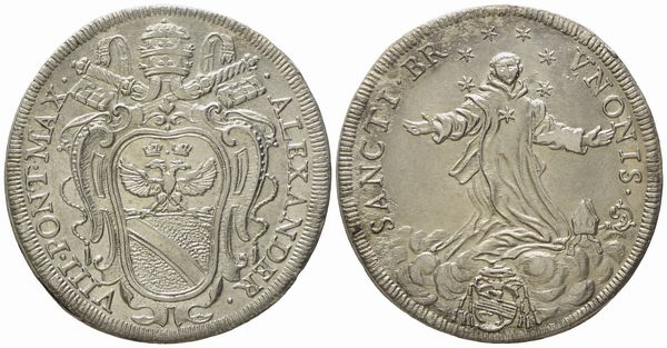 STATO PONTIFICIO. Roma. Alessandro VIII (1689 - 1691). Testone 1690 San Brunone. Ag (9,05 g; 32,1 mm)  - Asta Monete e medaglie medievali e moderne italiane ed estere - Associazione Nazionale - Case d'Asta italiane