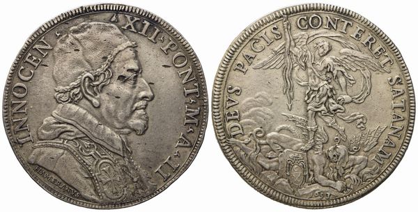 STATO PONTIFICIO. Roma. Innocenzo XII (1691 - 1700). Piastra 1693 San Michele Arcangelo. Ag (31,92 g; 44,6 mm)  - Asta Monete e medaglie medievali e moderne italiane ed estere - Associazione Nazionale - Case d'Asta italiane