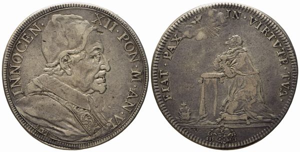 STATO PONTIFICIO. Roma. Innocenzo XII (1691 - 1700). Mezza piastra, anno VI Papa inginocchiato. Ag (15,85 g; 37,3 mm)  - Asta Monete e medaglie medievali e moderne italiane ed estere - Associazione Nazionale - Case d'Asta italiane