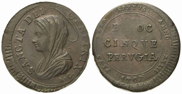 STATO PONTIFICIO. Perugia. Pio VI (1775 - 1799). 5 baiocchi 1797. Inc. A.C.. Cu (13,01 g; 31,16 mm).  - Asta Monete e medaglie medievali e moderne italiane ed estere - Associazione Nazionale - Case d'Asta italiane