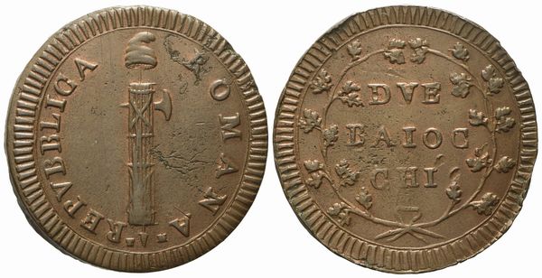 ROMA. Prima Repubblica Romana (1798 - 1799). 2 Baiocchi, senza data (6° tipo; sigle T.M.). Cu (17,22 g; 35,9 mm)  - Asta Monete e medaglie medievali e moderne italiane ed estere - Associazione Nazionale - Case d'Asta italiane