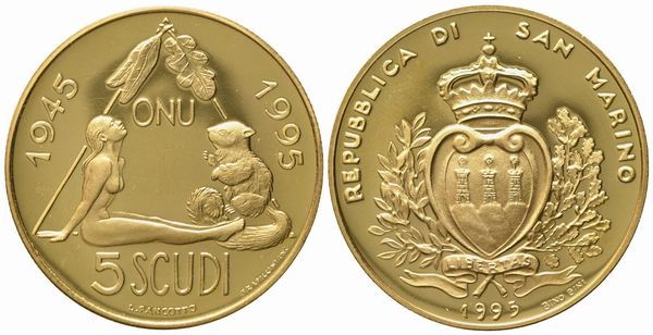 SAN MARINO. 5 scudi 1995. Au 916,66 (16,96 g)  - Asta Monete e medaglie medievali e moderne italiane ed estere - Associazione Nazionale - Case d'Asta italiane