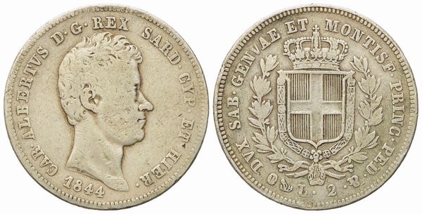 REGNO DI SARDEGNA. Genova. Carlo Alberto (1831-1849). 2 lire 1844. Ag (9,80 g; 26,5 mm)  - Asta Monete e medaglie medievali e moderne italiane ed estere - Associazione Nazionale - Case d'Asta italiane