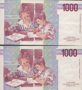 REPUBBLICA ITALIANA. 1000 Maria Montessori 21-10-1990. Tripla A, lotto di due esemplari  - Asta Monete e medaglie medievali e moderne italiane ed estere - Associazione Nazionale - Case d'Asta italiane