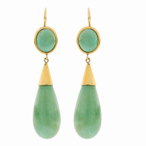 Orecchini pendenti in oro giallo 18kt e turchesi naturali  - Asta Gioielli e Orologi - Associazione Nazionale - Case d'Asta italiane