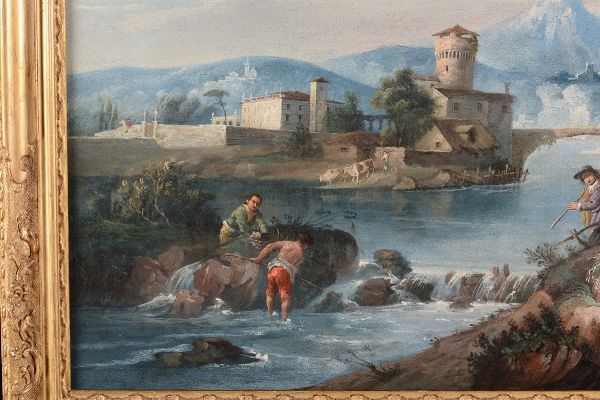 ZUCCARELLI FRANCESCO : Paesaggio con figure lungo un fiume  - Asta Dipinti Antichi - Associazione Nazionale - Case d'Asta italiane