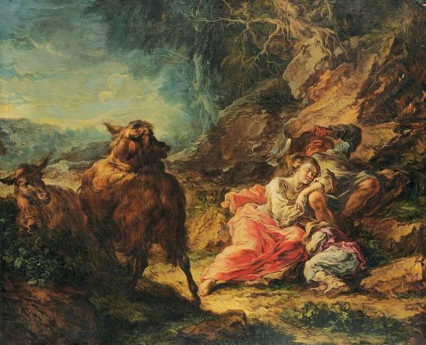 PIANCA GIUSEPPE ANTONIO : Famiglia di pastorelli in riposo con capre  - Asta Dipinti Antichi - Associazione Nazionale - Case d'Asta italiane