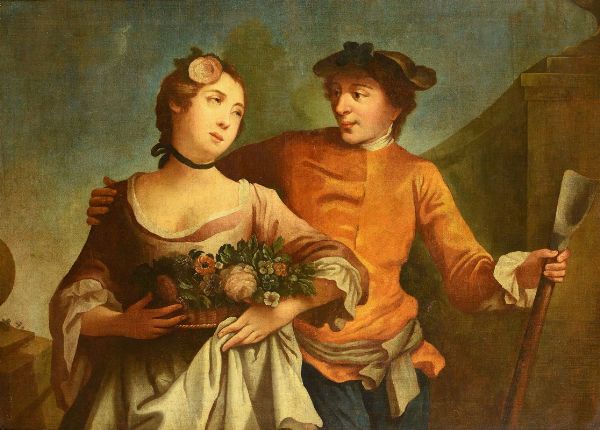Boscarati Felice : Donna con cesto di fiori e un uomo che l'abbraccia  - Asta Dipinti Antichi - Associazione Nazionale - Case d'Asta italiane