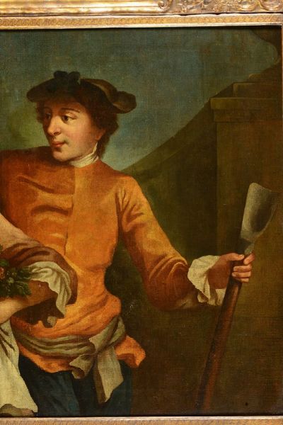 Boscarati Felice : Donna con cesto di fiori e un uomo che l'abbraccia  - Asta Dipinti Antichi - Associazione Nazionale - Case d'Asta italiane