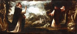 Paesaggio con santi dell'ordine domenicano  - Asta Dipinti Antichi - Associazione Nazionale - Case d'Asta italiane