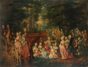 Toque Louis - Sposi della Casa Reale di Francia (Luigi Ferdinando di Borbone e Maria Giuseppina di Sassonia?) accolti in una tenuta nobiliare di campagna