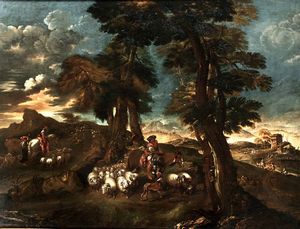 Castiglione Giovanni Benedetto detto il Grechetto : Paesaggio con pastori e pecore  - Asta Dipinti Antichi - Associazione Nazionale - Case d'Asta italiane