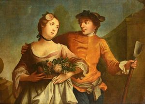 Boscarati Felice - Donna con cesto di fiori e un uomo che l'abbraccia