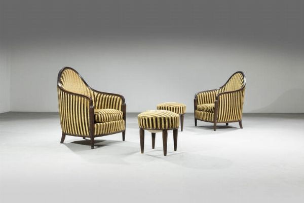 PRODUZIONE FRANCESE : Coppia di poltrone con poggiapiedi  - Asta Design - Associazione Nazionale - Case d'Asta italiane