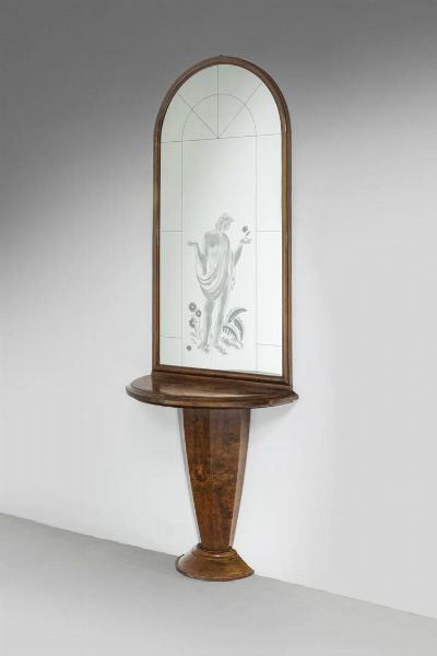PRODUZIONE ITALIANA : Consolle con specchio in legno e vetro specchiato serigrafato.  Anni '40 cm 250x90x40 5 Difetti  - Asta Design - Associazione Nazionale - Case d'Asta italiane