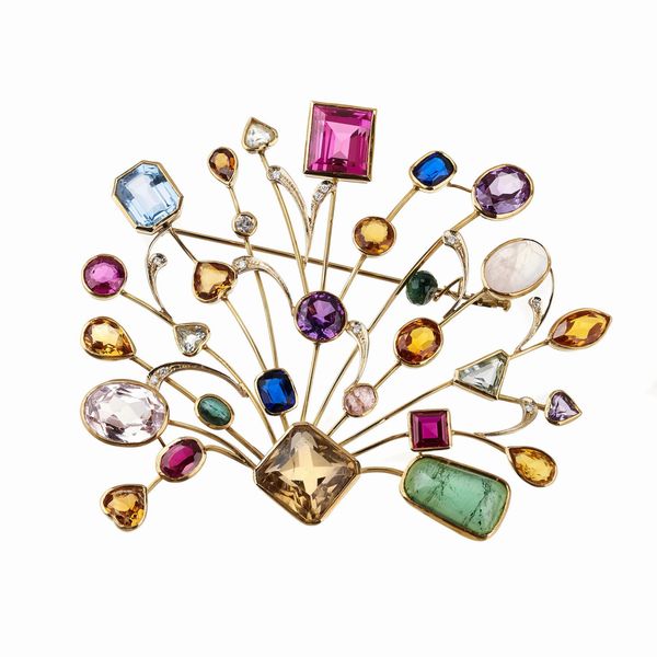 GRANDE SPILLA CON PIETRE SEMIPREZIOSE  - Asta GIOIELLI - Associazione Nazionale - Case d'Asta italiane