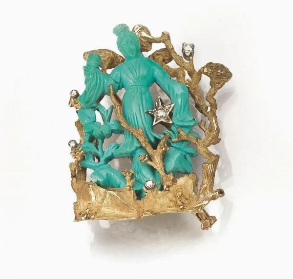 Spilla in oro giallo, turchese e diamanti&nbsp;  - Asta VINTAGE: BORSE E ACCESSORI DI HERMES, LOUIS VUITTON E ALTRE GRANDI MAISON - Associazione Nazionale - Case d'Asta italiane