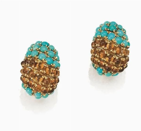 Paio di orecchini, Pomellato, in oro giallo, turchesi e citrini&nbsp;  - Asta VINTAGE: BORSE E ACCESSORI DI HERMES, LOUIS VUITTON E ALTRE GRANDI MAISON - Associazione Nazionale - Case d'Asta italiane