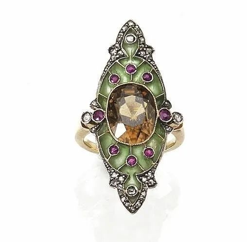 Anello, fine sec. XIX, in oro giallo, oro bianco, giada, rubini e zircone  - Asta VINTAGE: BORSE E ACCESSORI DI HERMES, LOUIS VUITTON E ALTRE GRANDI MAISON - Associazione Nazionale - Case d'Asta italiane