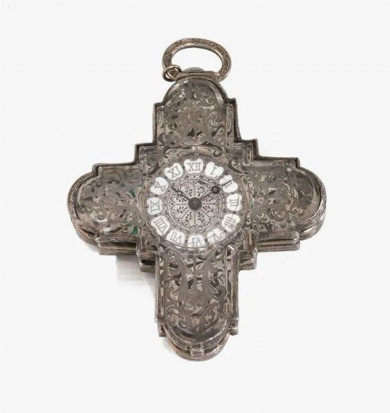 CROCE-OROLOGIO PENDENTE, FRERES REY A GENEVE, 1830 CIRCA, IN ARGENTO, SMALTI E  CRISTALLO   - Asta VINTAGE: BORSE E ACCESSORI DI HERMES, LOUIS VUITTON E ALTRE GRANDI MAISON - Associazione Nazionale - Case d'Asta italiane