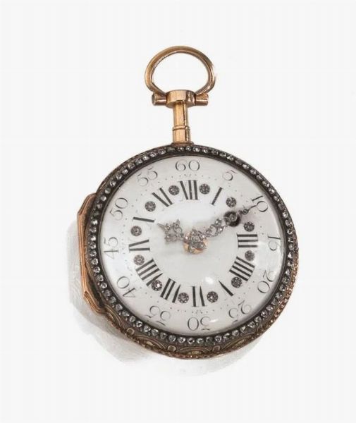 OROLOGIO DA TASCA, HERBAU A PARIS, 1780 CIRCA, IN ORO GIALLO, ORO ROSA, ORO BIANCO E ROSE DI DIAMANTE  - Asta VINTAGE: BORSE E ACCESSORI DI HERMES, LOUIS VUITTON E ALTRE GRANDI MAISON - Associazione Nazionale - Case d'Asta italiane