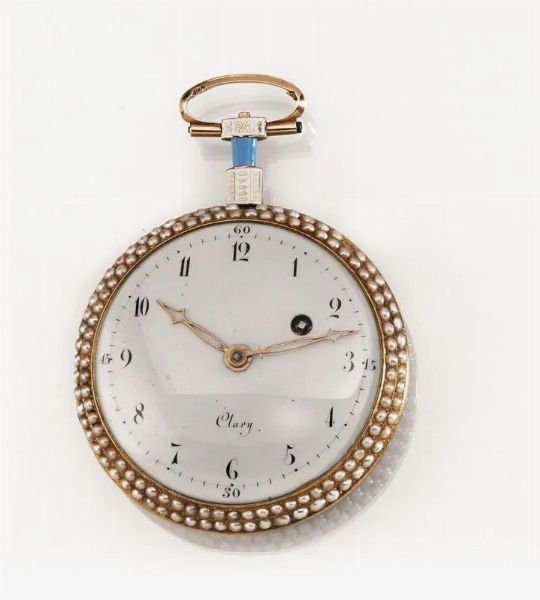 OROLOGIO DA TASCA CLARY, 1790 CIRCA, IN ORO GIALLO, MICROPERLE E SMALTI  - Asta VINTAGE: BORSE E ACCESSORI DI HERMES, LOUIS VUITTON E ALTRE GRANDI MAISON - Associazione Nazionale - Case d'Asta italiane
