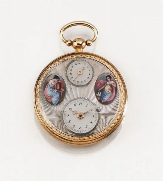 OROLOGIO DA TASCA CON DATARIO, DAVID HUMBERT DROZ, 1800 CIRCA, IN ORO GIALLO 18 KT E SMALTI  - Asta VINTAGE: BORSE E ACCESSORI DI HERMES, LOUIS VUITTON E ALTRE GRANDI MAISON - Associazione Nazionale - Case d'Asta italiane