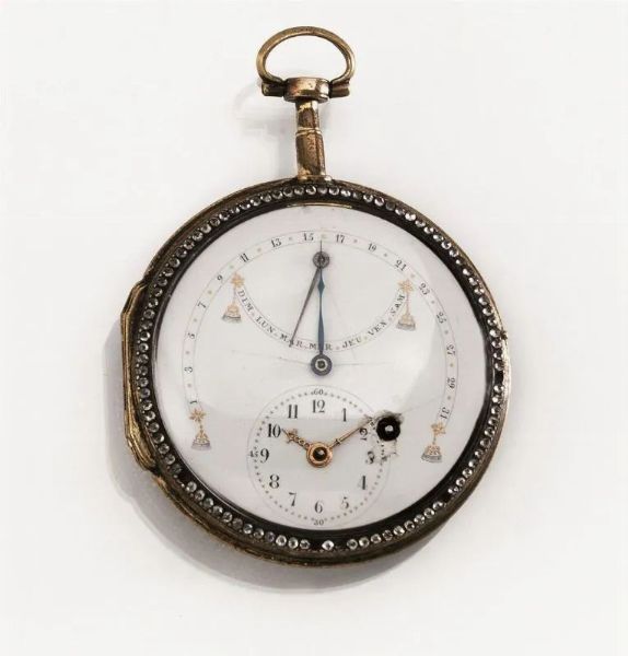 OROLOGIO DA TASCA, ANONIMO SVIZZERO, 1790 CIRCA, IN OTTONE, SMALTI E DIAMANTI  - Asta VINTAGE: BORSE E ACCESSORI DI HERMES, LOUIS VUITTON E ALTRE GRANDI MAISON - Associazione Nazionale - Case d'Asta italiane