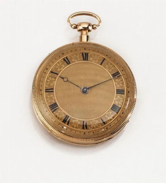 OROLOGIO DA TASCA CON RIPETIZIONE ORE, ANONIMO SVIZZERO 1830 CIRCA, IN ORO 18 KT  - Asta VINTAGE: BORSE E ACCESSORI DI HERMES, LOUIS VUITTON E ALTRE GRANDI MAISON - Associazione Nazionale - Case d'Asta italiane