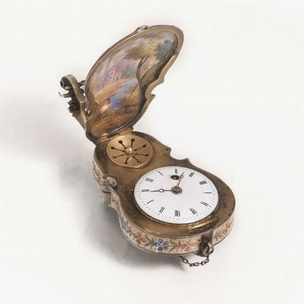 OROLOGIO MODELLATO A VIOLONCELLO, LEOPOLD NITSCHNER, VIENNA 1800 CIRCA, IN METALLO SMALTATO  - Asta VINTAGE: BORSE E ACCESSORI DI HERMES, LOUIS VUITTON E ALTRE GRANDI MAISON - Associazione Nazionale - Case d'Asta italiane