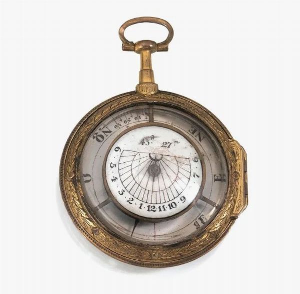 MERIDIANA CON BUSSOLA A FORMA DI OROLOGIO, ANONIMO FRANCESE, 1790 CIRCA, IN OTTONE DORATO  - Asta VINTAGE: BORSE E ACCESSORI DI HERMES, LOUIS VUITTON E ALTRE GRANDI MAISON - Associazione Nazionale - Case d'Asta italiane