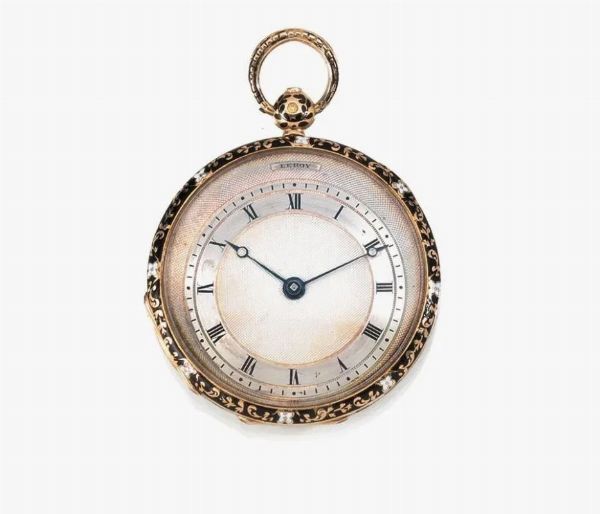 OROLOGIO DA TASCA LE ROY A PARIS, SEC. XIX, IN ORO GIALLO 18 KT E SMALTI  - Asta VINTAGE: BORSE E ACCESSORI DI HERMES, LOUIS VUITTON E ALTRE GRANDI MAISON - Associazione Nazionale - Case d'Asta italiane