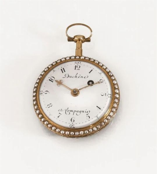 OROLOGIO DA TASCA DUCHENE ET COMPAGNIE, N. 25238, FRANCIA, 1775 CIRCA, IN ORO GIALLO 18 KT, SMALTO E PERLE  - Asta VINTAGE: BORSE E ACCESSORI DI HERMES, LOUIS VUITTON E ALTRE GRANDI MAISON - Associazione Nazionale - Case d'Asta italiane