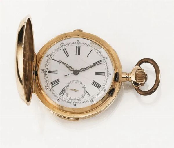 OROLOGIO DA TASCA CON CRONOGRAFO E RIPETIZIONE ORE E QUARTI, n. 4833, AUBERT, GENEVE, FINE SEC. XIX, IN ORO ROSA 18 KT  - Asta VINTAGE: BORSE E ACCESSORI DI HERMES, LOUIS VUITTON E ALTRE GRANDI MAISON - Associazione Nazionale - Case d'Asta italiane