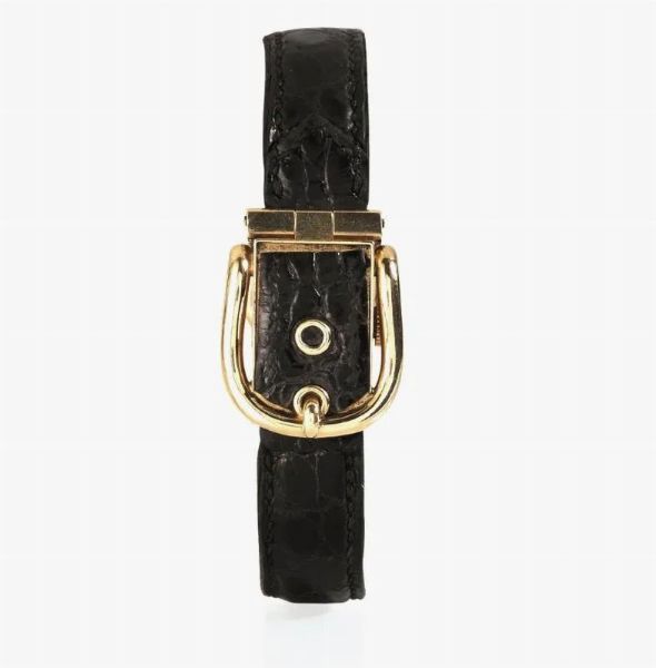 BRACCIALE OROLOGIO PER SIGNORA HERMES, PARIS, CASSA N. 60'395, IN ORO GIALLO 18 KT E PELLE  - Asta VINTAGE: BORSE E ACCESSORI DI HERMES, LOUIS VUITTON E ALTRE GRANDI MAISON - Associazione Nazionale - Case d'Asta italiane