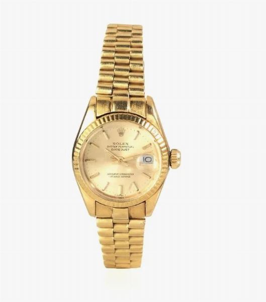 OROLOGIO DA POLSO ROLEX OYSTER PERPETUAL DATE JUST LADY REF. 6917, IN ORO GIALLO 18 KT  - Asta VINTAGE: BORSE E ACCESSORI DI HERMES, LOUIS VUITTON E ALTRE GRANDI MAISON - Associazione Nazionale - Case d'Asta italiane