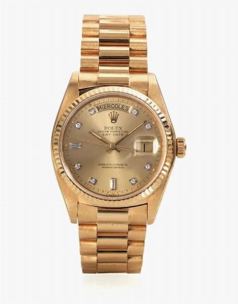 OROLOGIO DA POLSO ROLEX OYSTER PERPETUAL DAY-DATE, REF. 18038, SERIALE N. 6'585'239, 1981 CIRCA, IN ORO GIALLO 18 KT E DIAMANTI  - Asta VINTAGE: BORSE E ACCESSORI DI HERMES, LOUIS VUITTON E ALTRE GRANDI MAISON - Associazione Nazionale - Case d'Asta italiane
