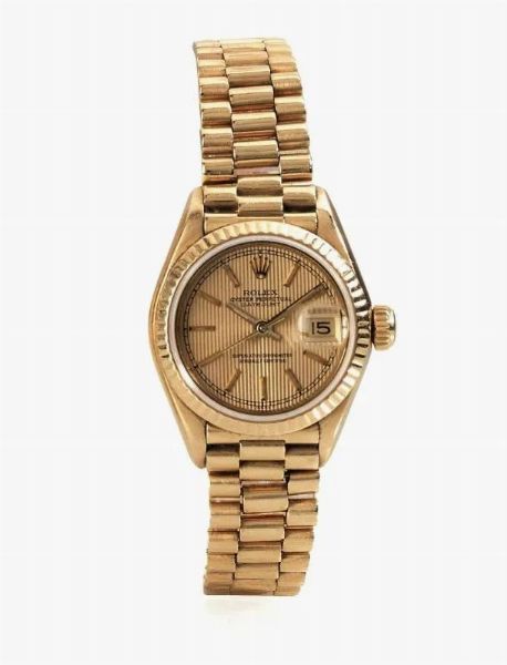 Orologio per signora Rolex Oyster Perpetual Date Just Lady, Ref. 69'178, seriale n. 8'459'963, 1984 circa, in oro giallo 18 kt  - Asta VINTAGE: BORSE E ACCESSORI DI HERMES, LOUIS VUITTON E ALTRE GRANDI MAISON - Associazione Nazionale - Case d'Asta italiane