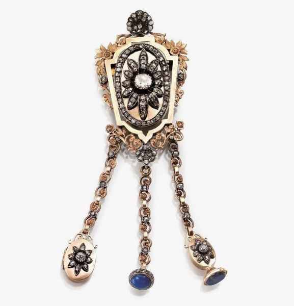 Spilla pendente, in oro rosa, argento e diamanti&nbsp;  - Asta VINTAGE: BORSE E ACCESSORI DI HERMES, LOUIS VUITTON E ALTRE GRANDI MAISON - Associazione Nazionale - Case d'Asta italiane