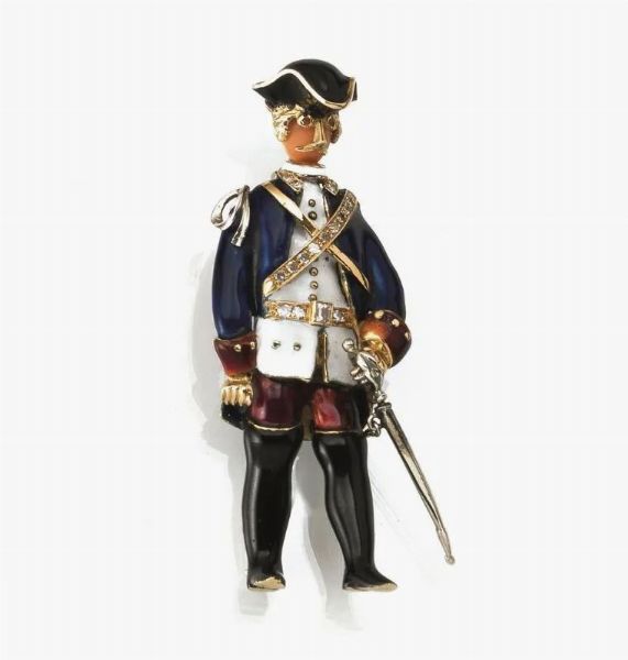 Spilla in oro giallo, diamanti, corallo e smalti  - Asta VINTAGE: BORSE E ACCESSORI DI HERMES, LOUIS VUITTON E ALTRE GRANDI MAISON - Associazione Nazionale - Case d'Asta italiane